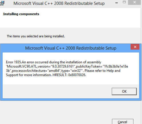 an error occurred during the installation of assembly microsoft vc80